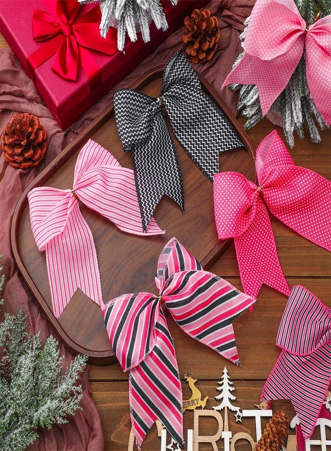 Suncalla 12pcs Christmas Bow Ornaments 5.9 Inch Large Bow for Christmas Pink Mouse Theme Decoration for Xmas Tree Wreath, Garland, Gift Wrapping Tree Black and Pink Dot Stripe Ribbon for Holiday Party - Image 4